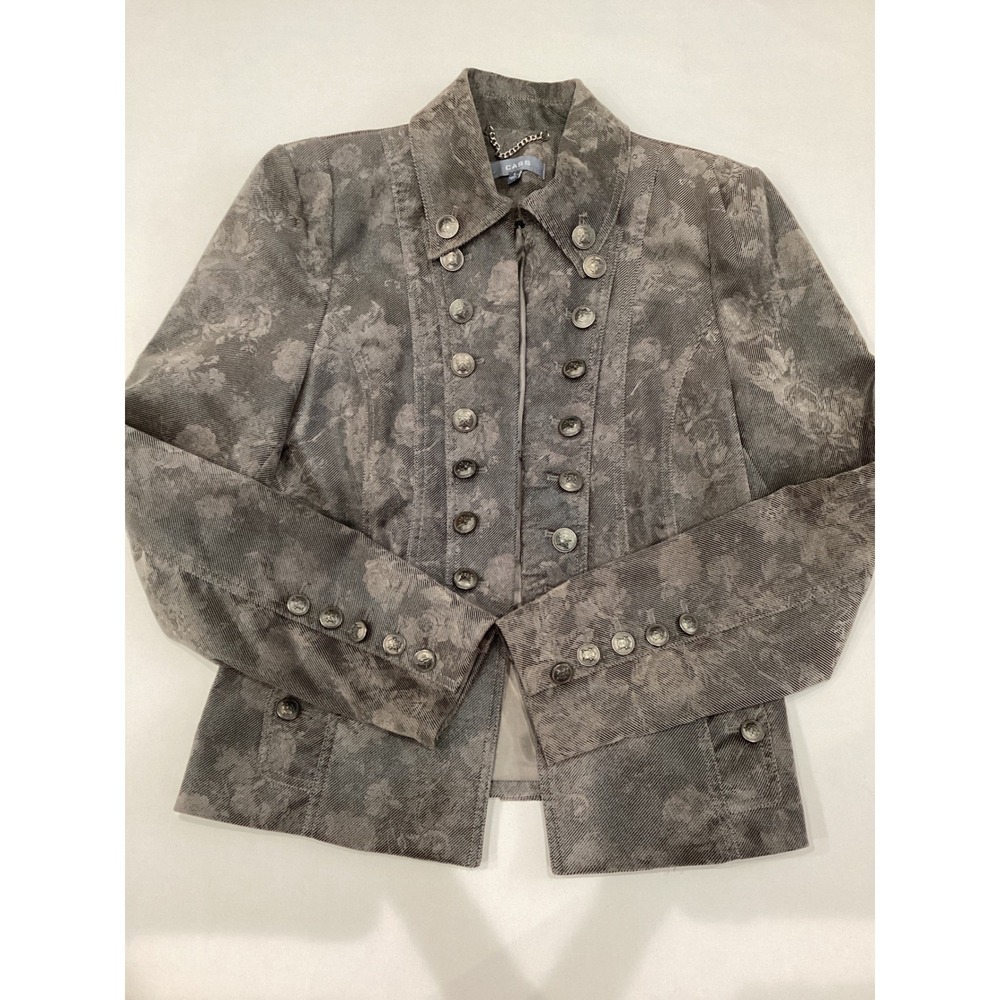 CASS‎ Double Breasted Floral Brocade Jacket Blazer Gray Button Detail
